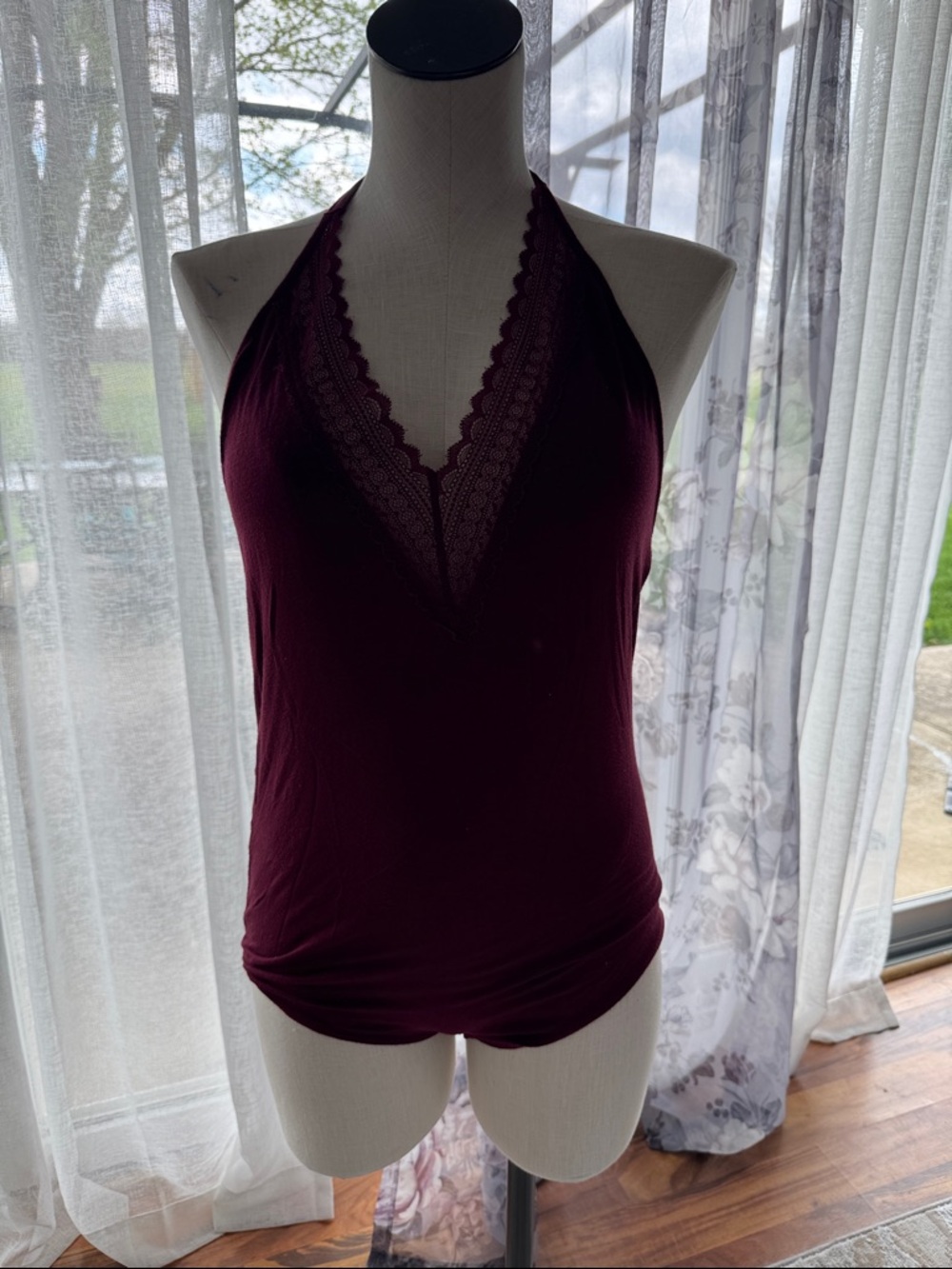 Lace-Trim Halter V-Neck onesie— Burgundy